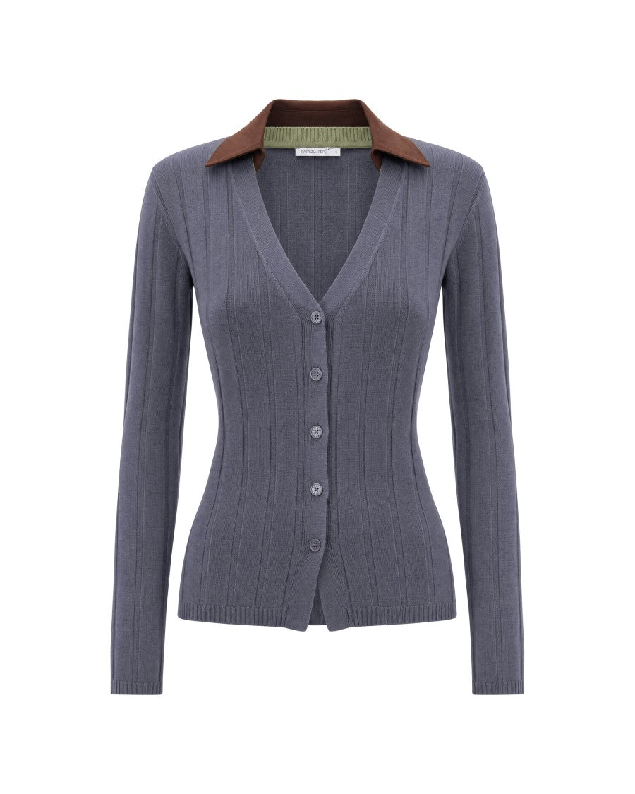 Patrizia Pepe Fitted Ribbed Knit Cardigan With Faux Leather Collar