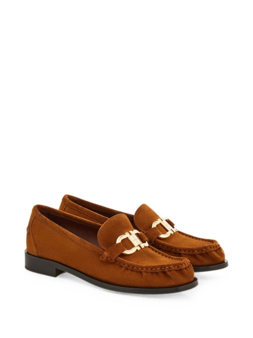 Ferragamo Moccasin-Style Gold-Accent Suede Flats
