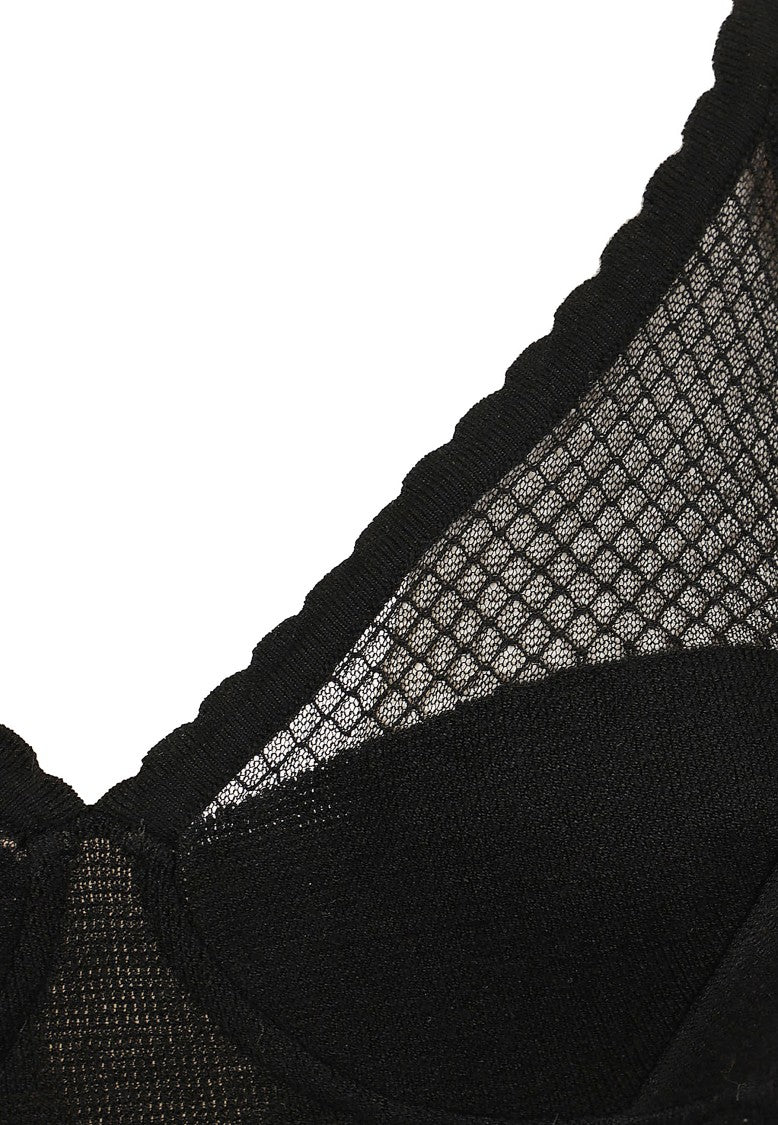 Elisabetta Franchi Fitted Sheer Mesh Lace Insert Knit Bodysuit