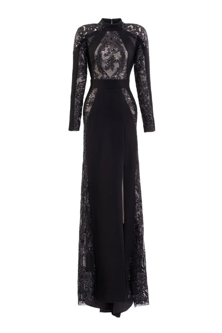 Saiid Kobeisy Intricate Embroidered Lace Evening Dress With High Neckline