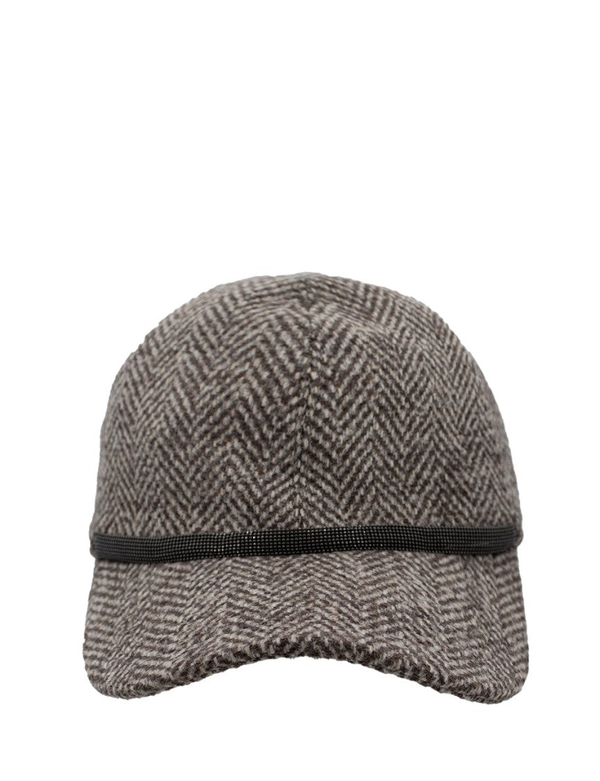 Brunello Cucinelli Herringbone Pattern Baseball Cap With Jewel-Embellished Visor