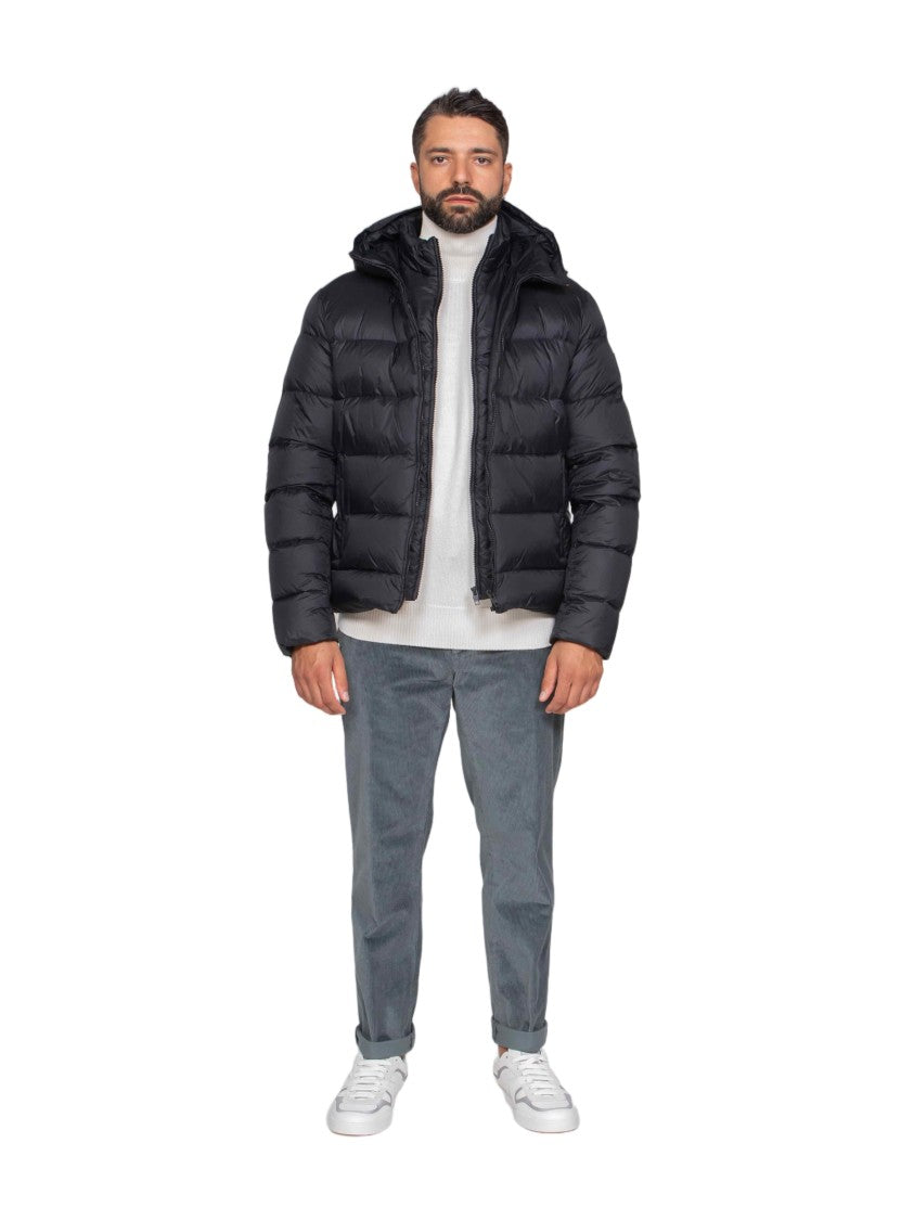 Fay Hooded Black Puffer Jacket With Horizontal Quilted Padding