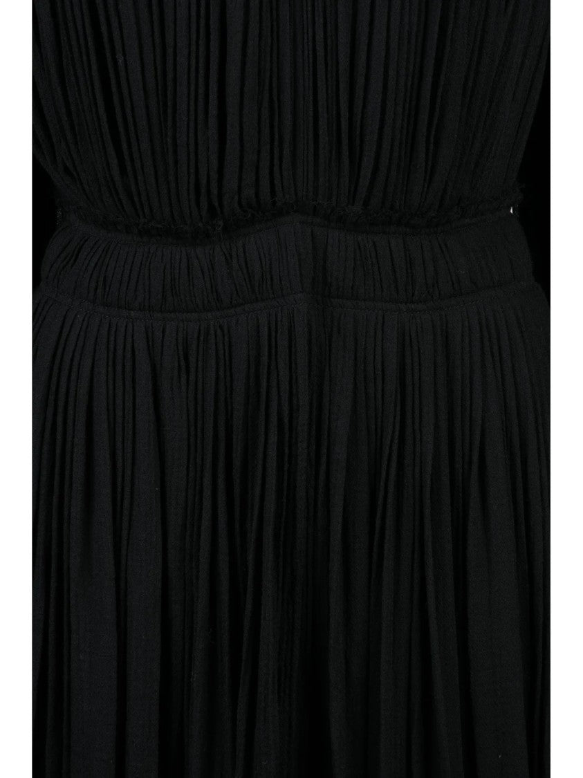 Chloé Gathered Black Virgin Wool Long Dress With Puff Sleeves