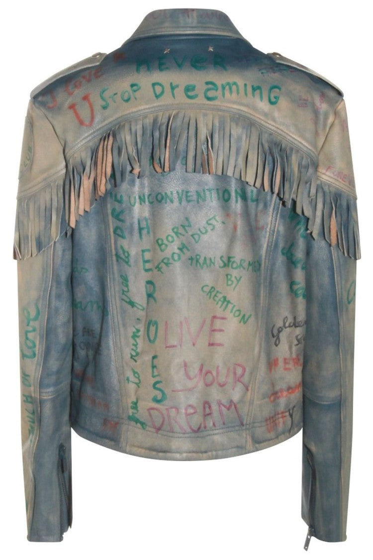 Golden Goose Full Zip Leather Jacket With Olimpia Lettering Detail