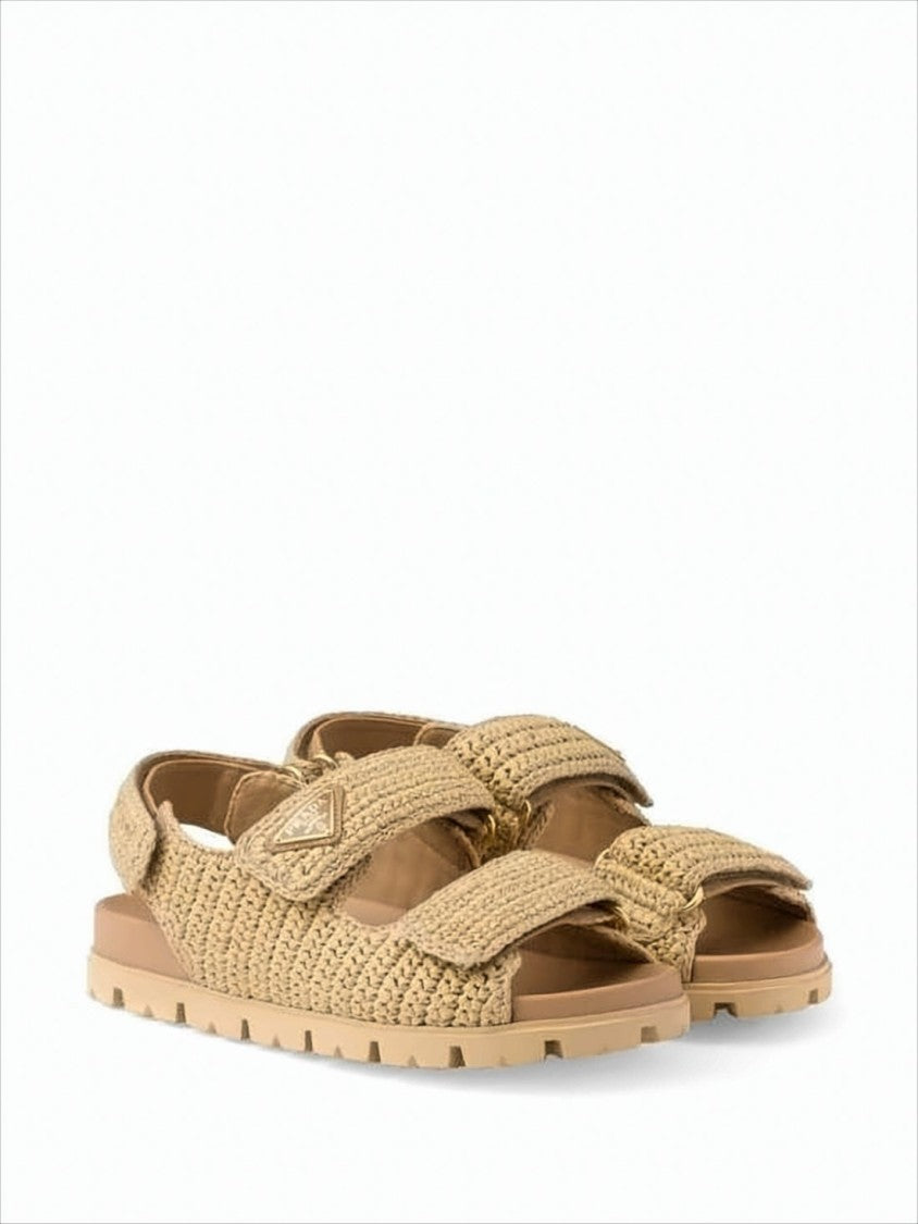 Prada Woven Texture Sandals With Adjustable Straps And Triangular Logo