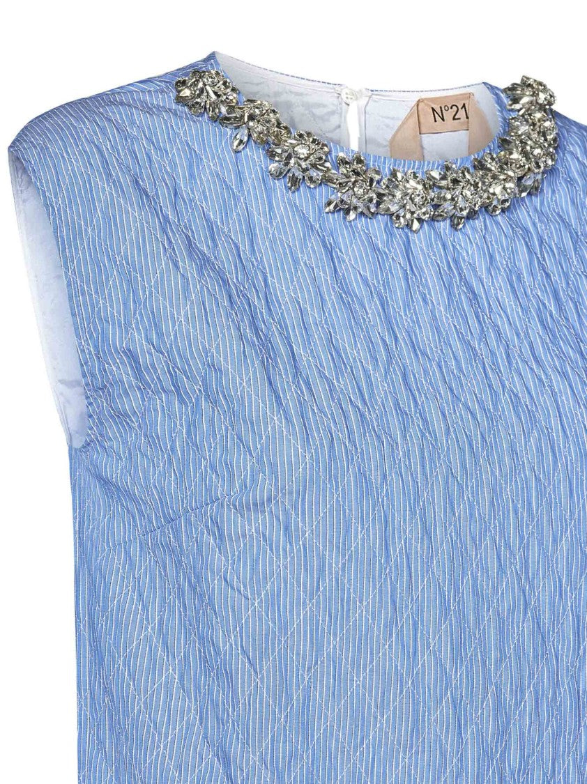 N°21 Crystal-Embellished Light Blue Quilted Crop Top