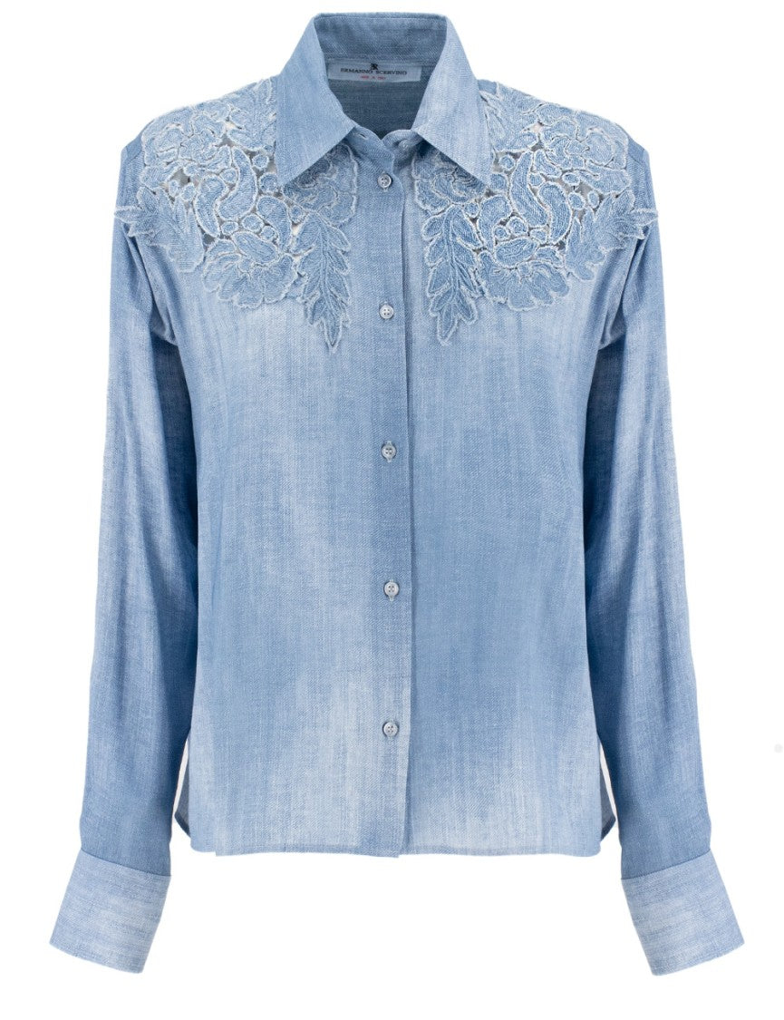 Ermanno Scervino Floral Lace Shoulder Shirt In Vintage Jeans Fabric