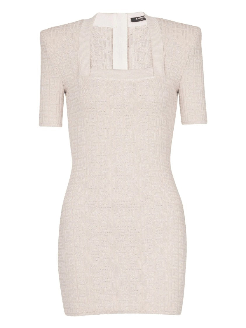 Balmain Neutral Knit Dress Textured Mini Dress