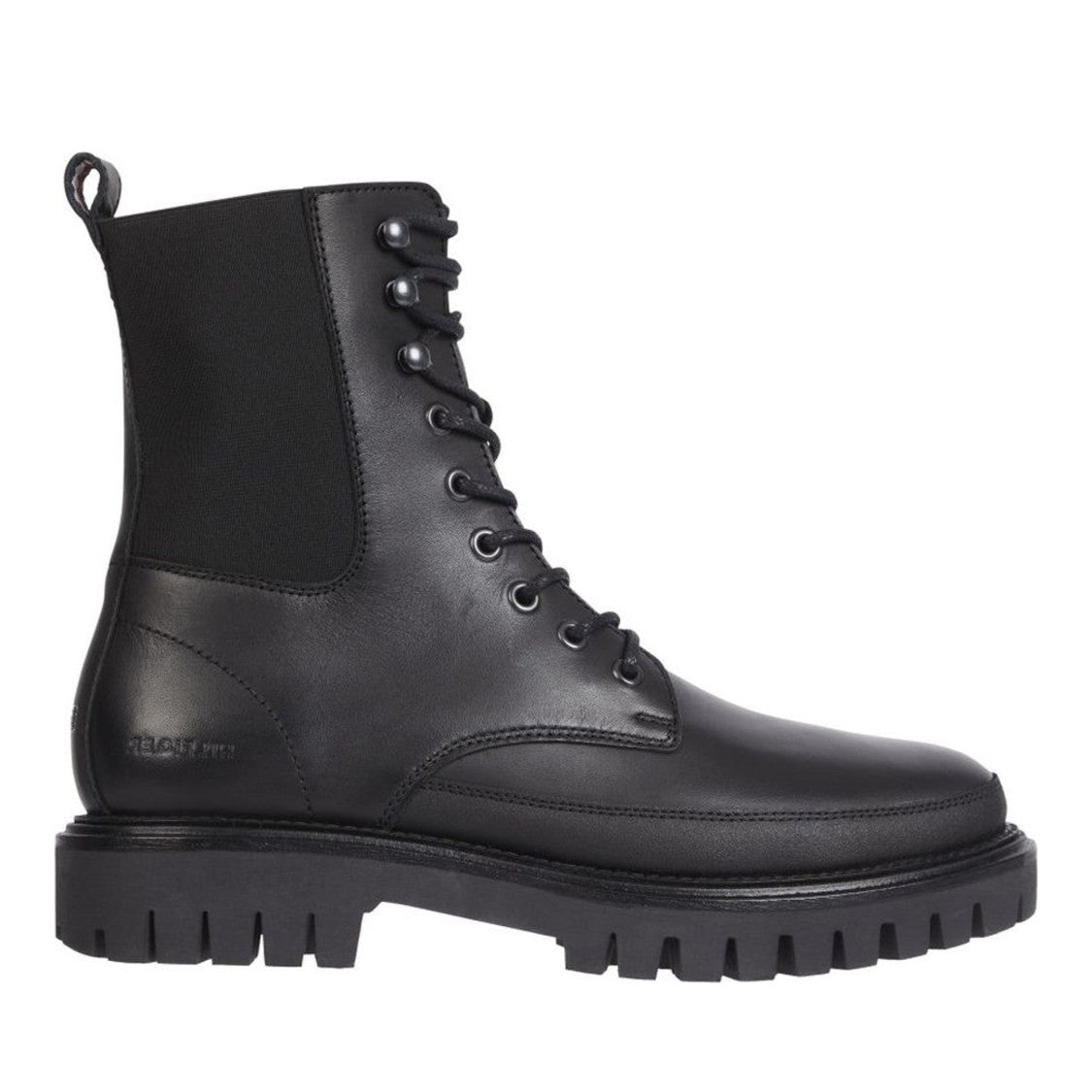 Tommy Hilfiger Black Chunky Sole Lace-Up Elastic Panel Leather Boots