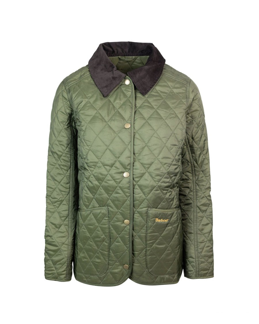 Barbour Quilted Jacket With Contrasting Corduroy Collar And Embroidered Detailing