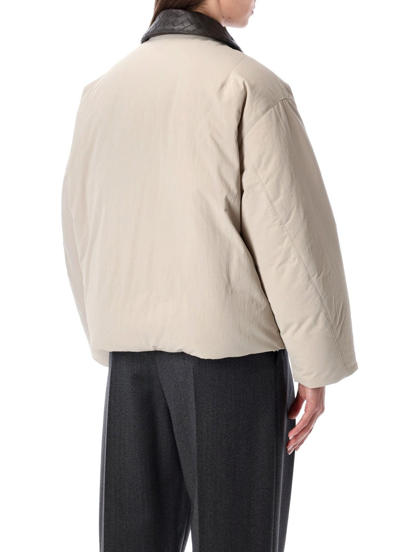 Bottega Veneta Beige Padded Bomber With Intreccio Leather Collar