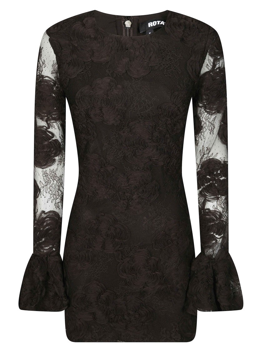 Rotate 3D Flower Ls Floral Appliqué Lace Mini Dress