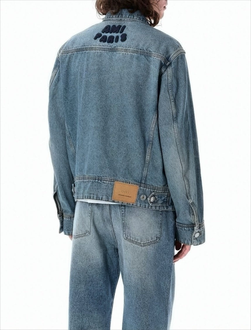 Ami Paris Medium Blue Denim Jacket With Embroidered Details