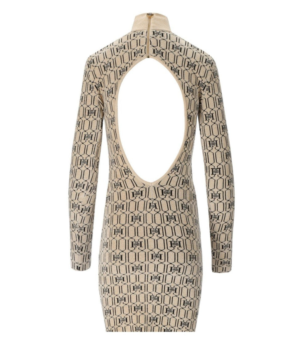Elisabetta Franchi Champagne Monogram Knitted Dress