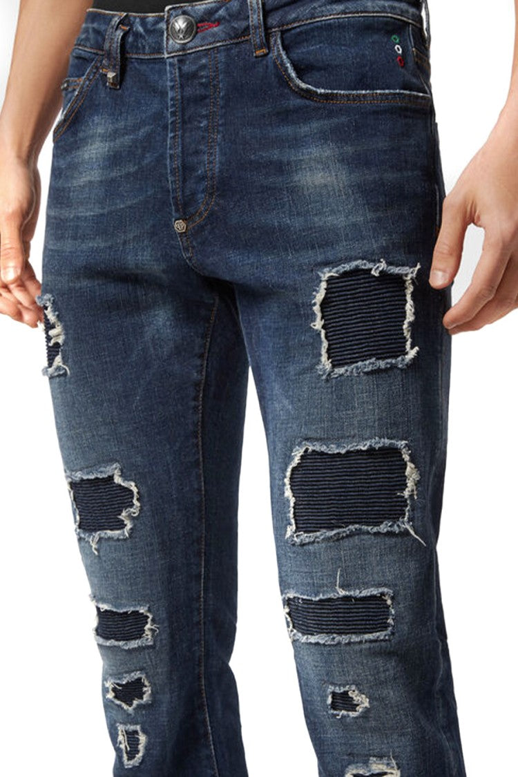 Philipp Plein Medium Wash Cotton-Blend Stretch Straight-Leg Jeans