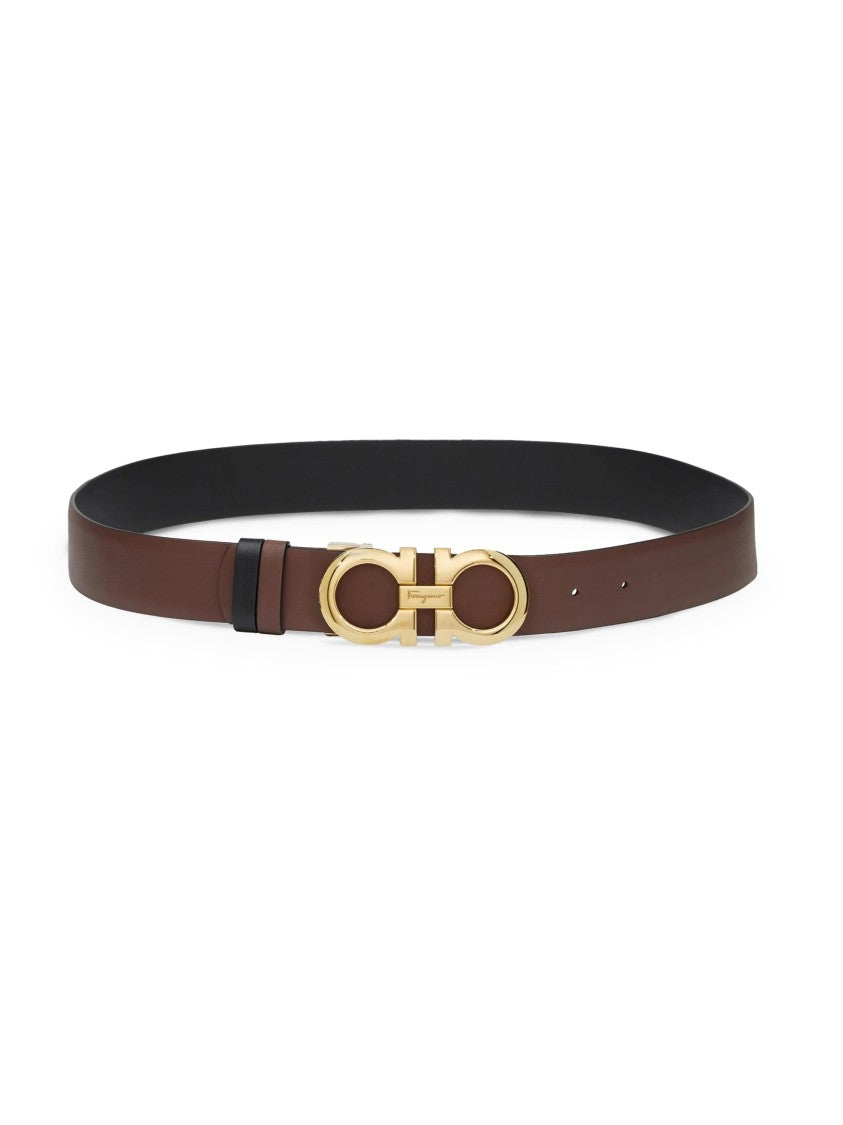 Ferragamo Brown Leather Belt With Gold-Tone Double Gancini Buckle