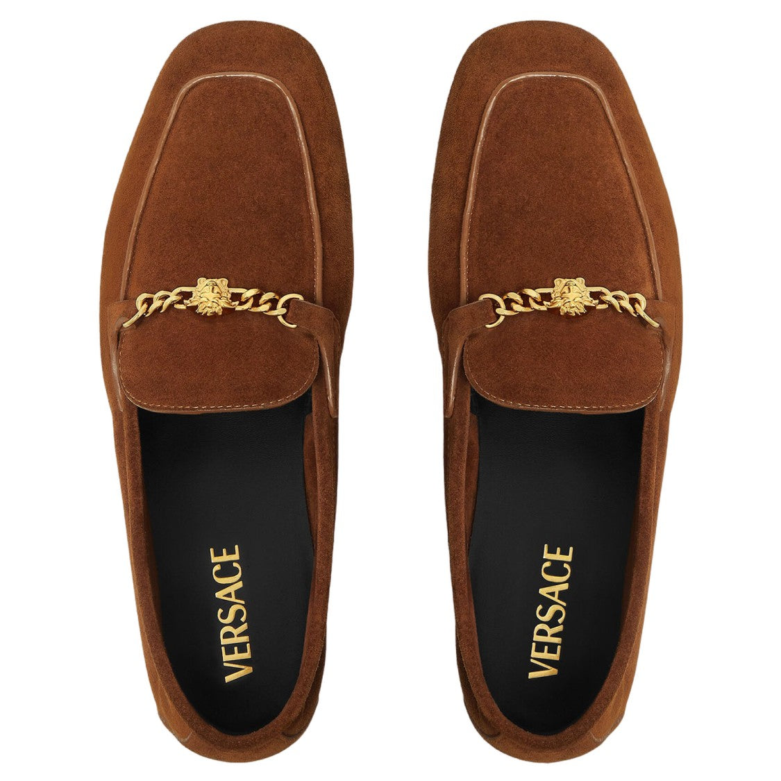 Versace Suede Slip-On Loafers With Medusa Chain Detail