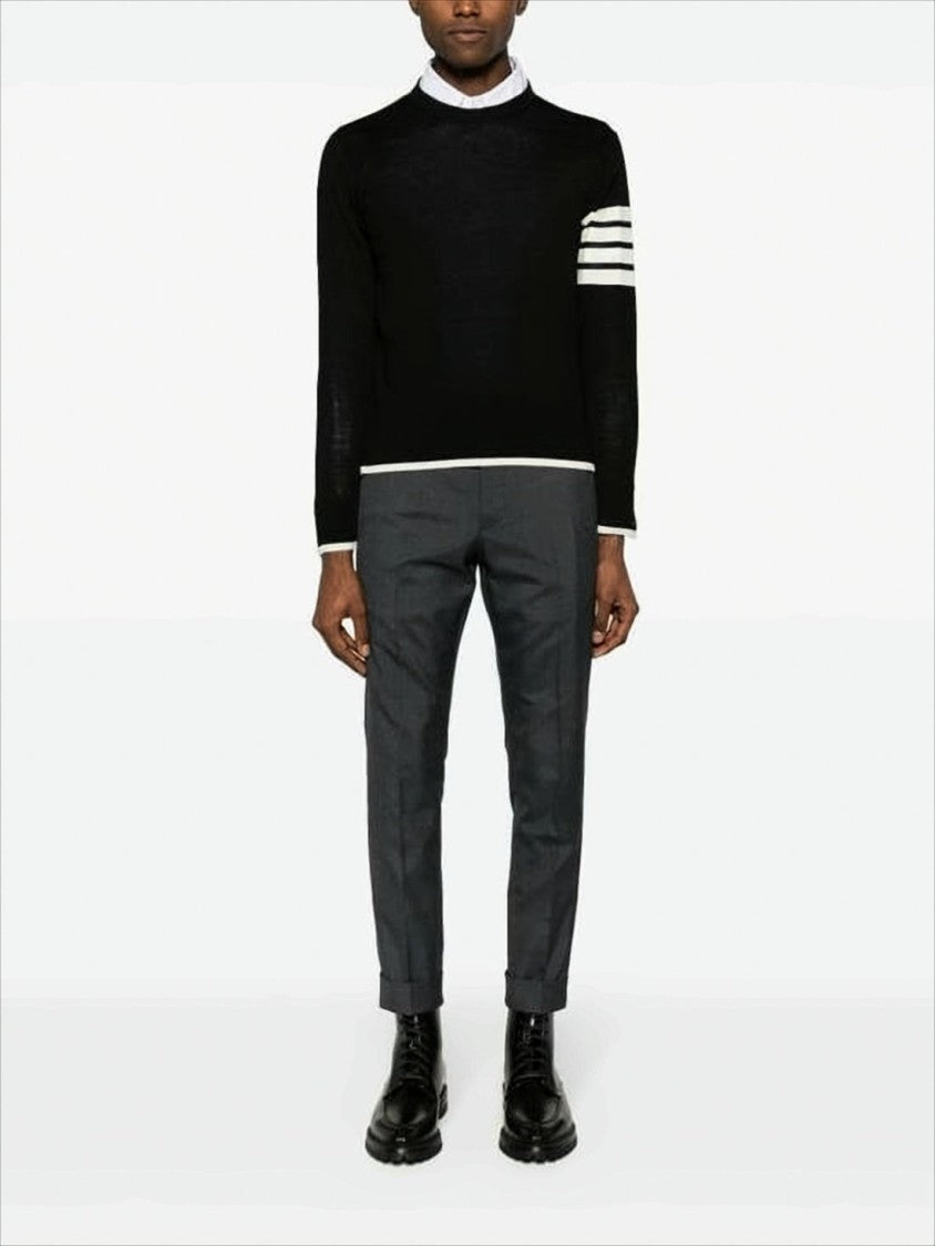 Thom Browne Crew Neck Black Wool Sweater With Signature Stripes And Buttoned Cuffs