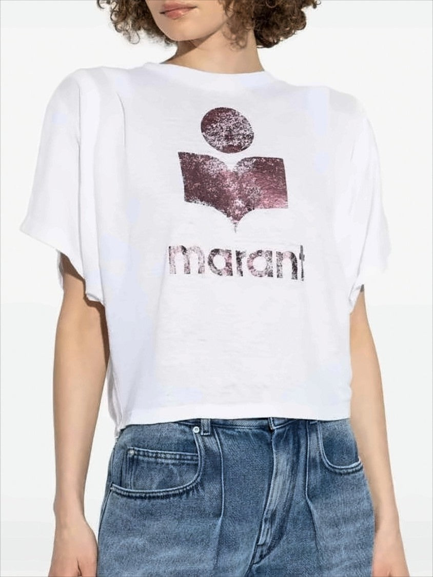 Isabel Marant Cropped Short-Sleeve Top With Metallic Pink Logo