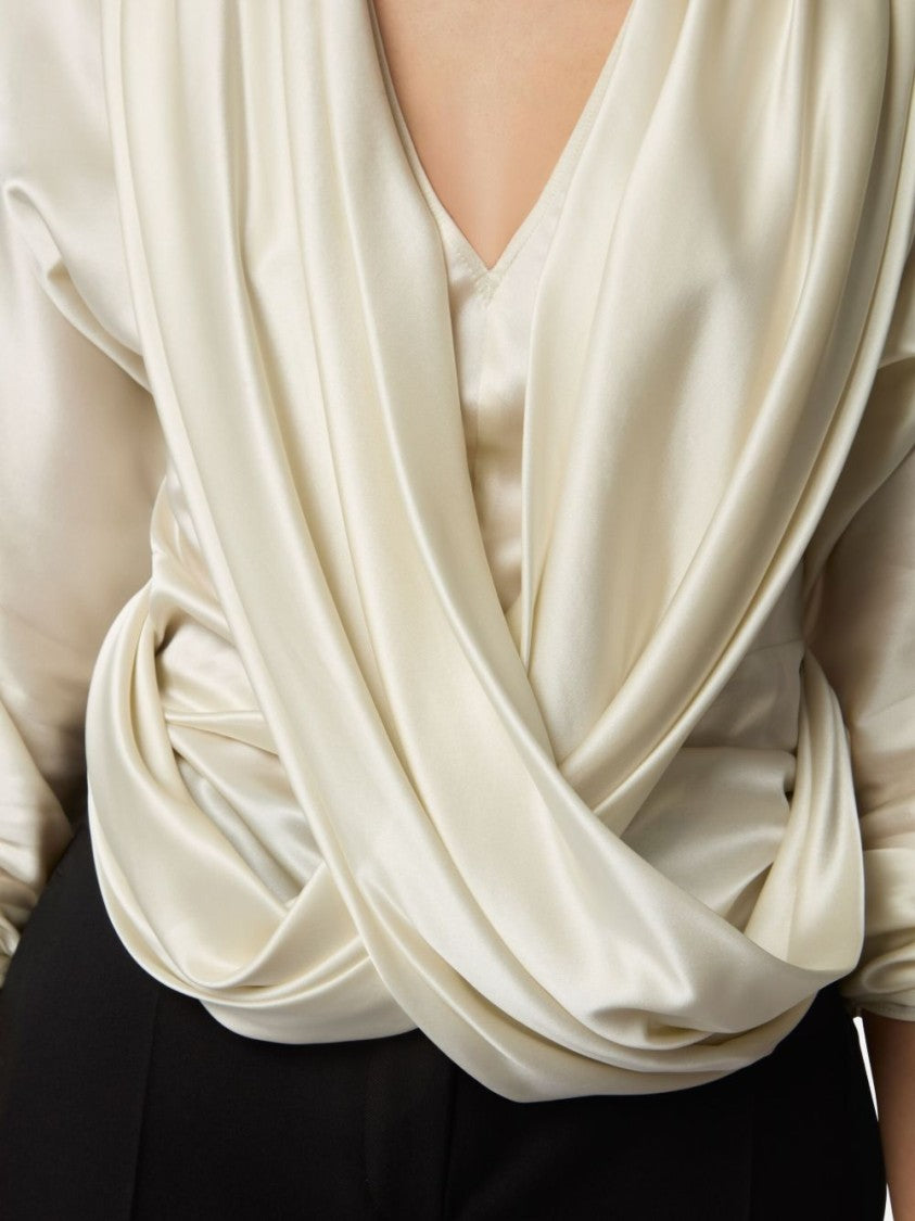 Nina Ricci White Satin Long-Sleeved Top With Crossover Draping
