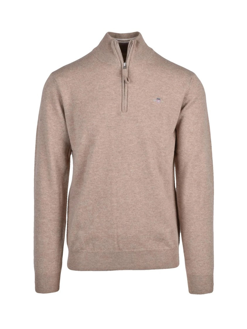 Gant Zip-Neck Beige Wool Pullover With Ribbed Details