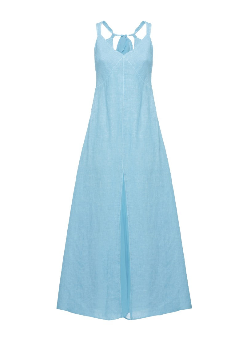 120% Lino Light Blue Linen Maxi Dress With Silk Accents