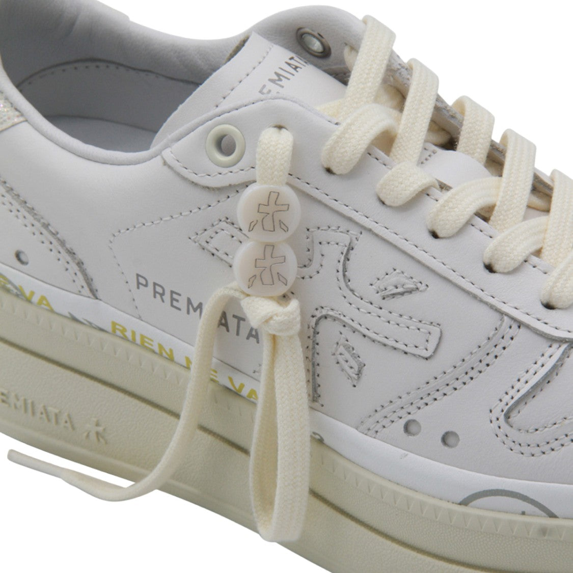 Premiata White Leather Sneakers With Creamy Beige Sole