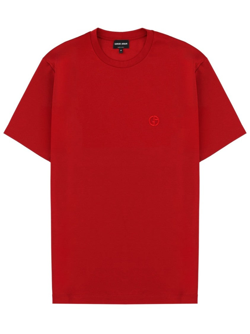 Giorgio Armani Red Tonal Logo Embroidered Cotton T-Shirt