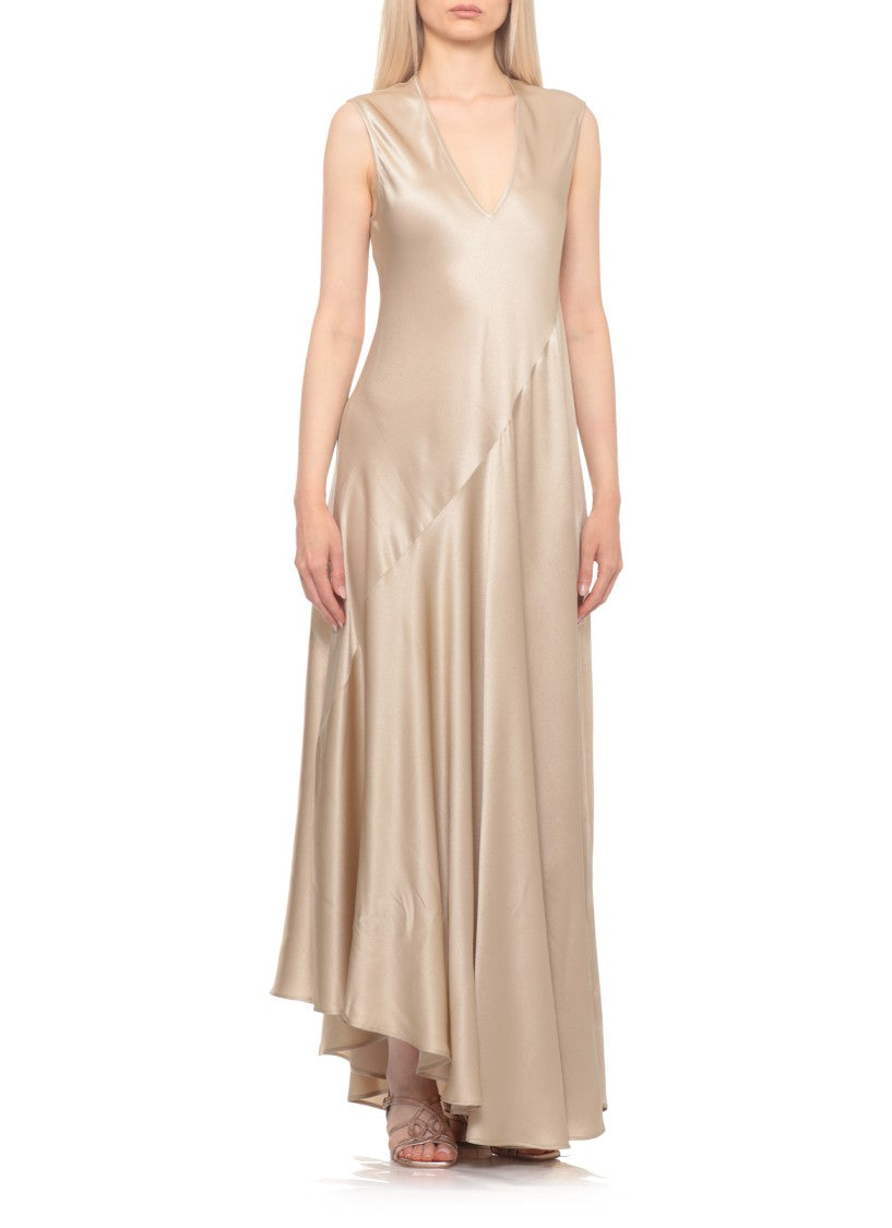 Antonelli Firenze Gold Silk Blend Maxi Dress With V-Neck And Flared Hem