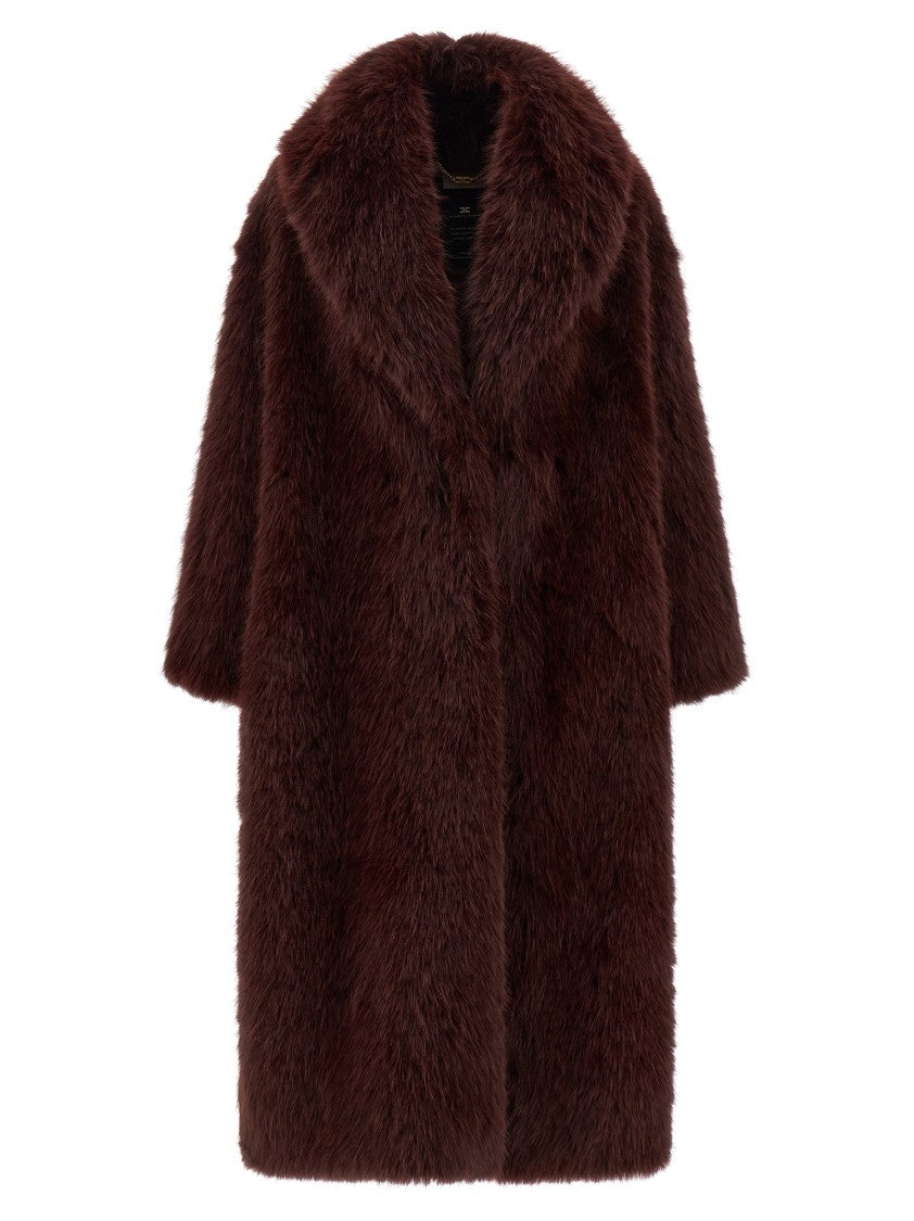 Elisabetta Franchi Burgundy Faux Fur Long Coat