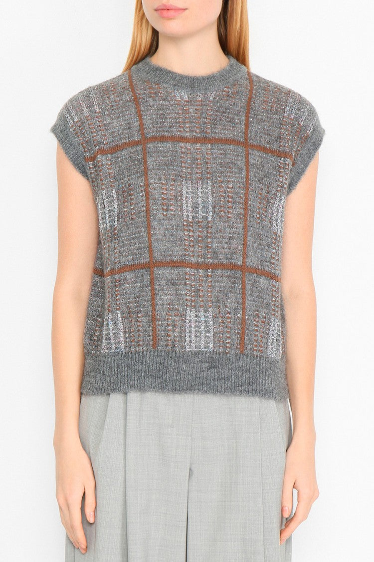 Max Mara Grey Mstepopea Check Sleeveless Polyester-Blend Sweater