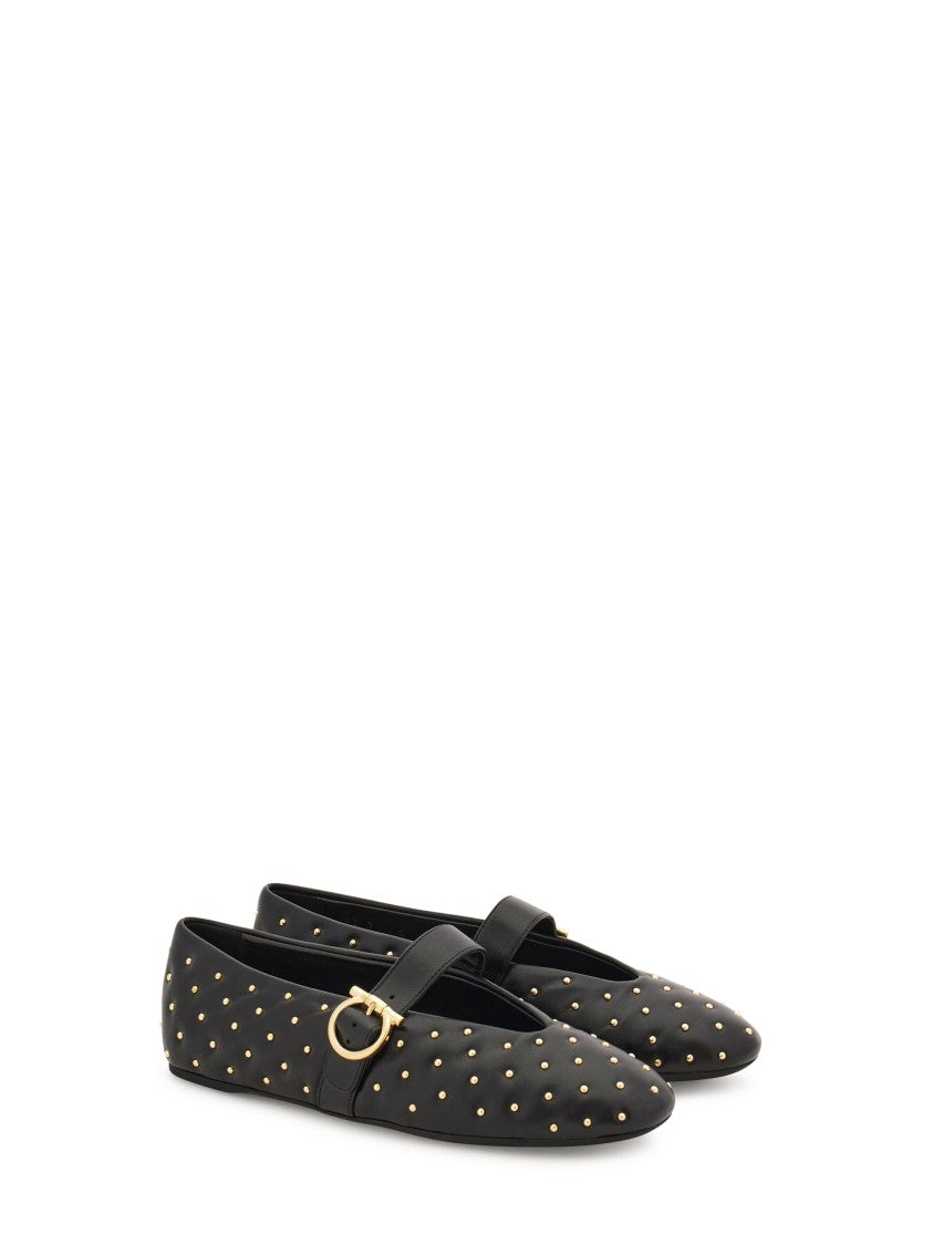 Ferragamo Quilted Pointed Toe Flats With Gold Accents