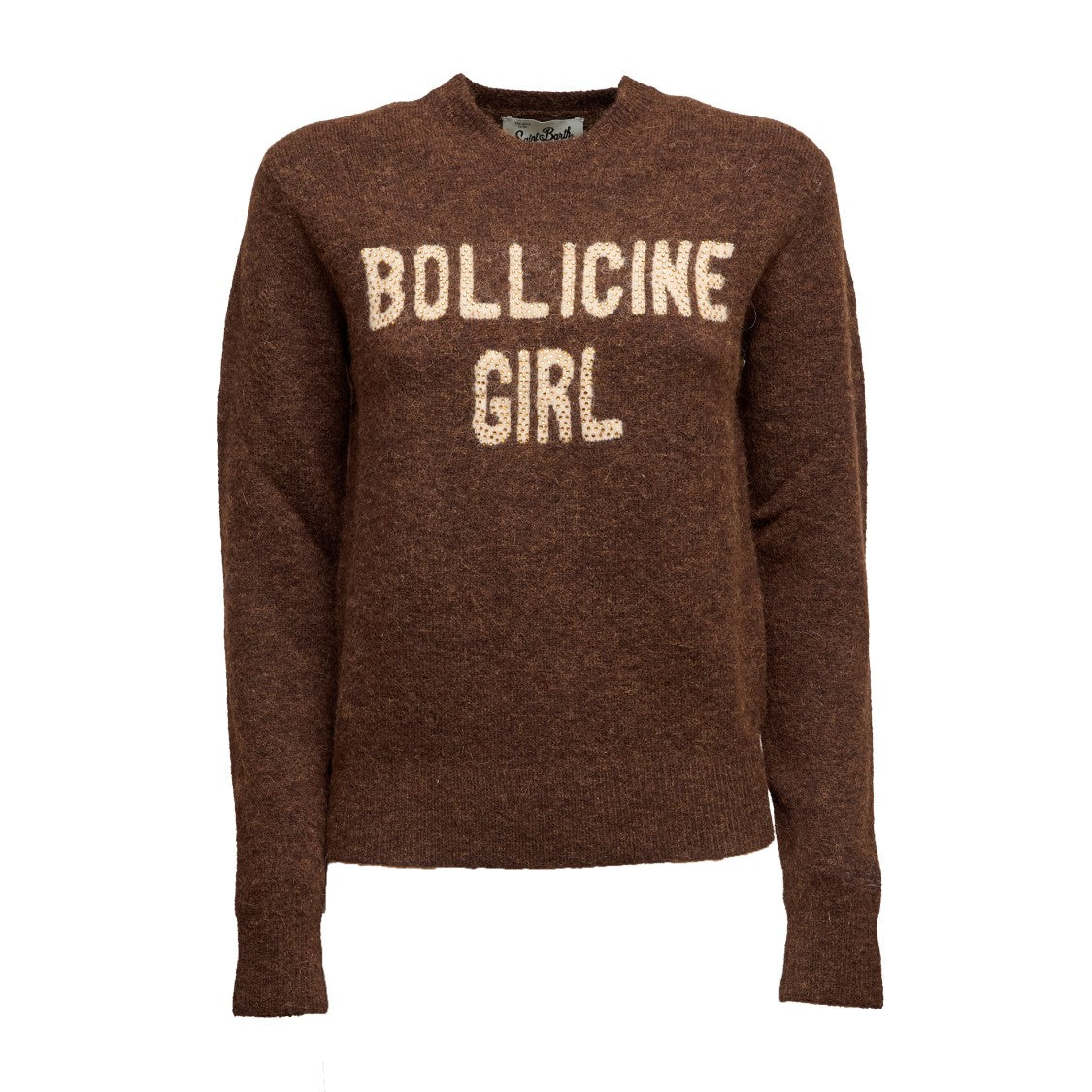 Mc2 Saint Barth Crewneck Alpaca Knit Sweater With Rhinestone Inscription