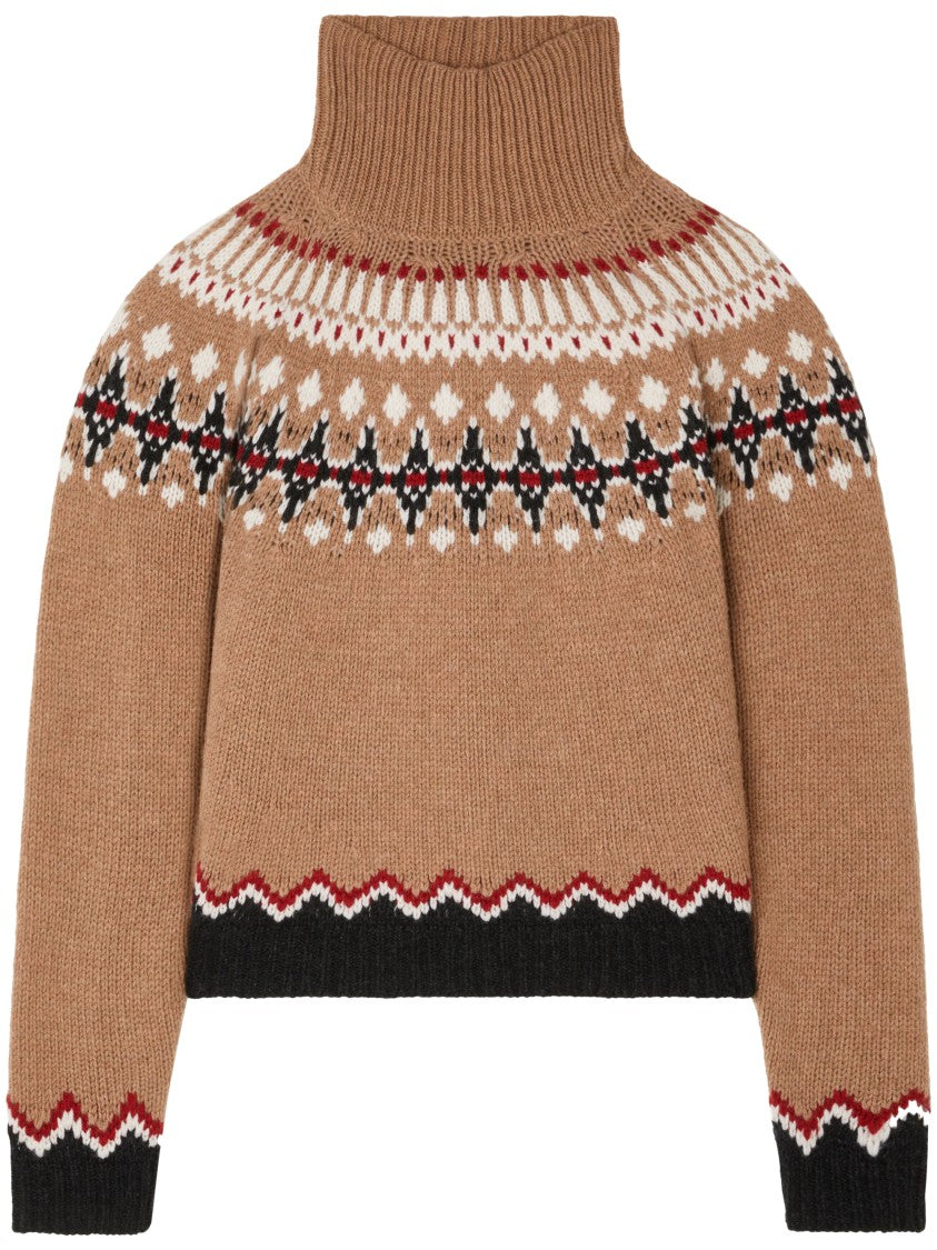 Alanui Patterned Camel Turtleneck Sweater With Geometric And Floral Motifs