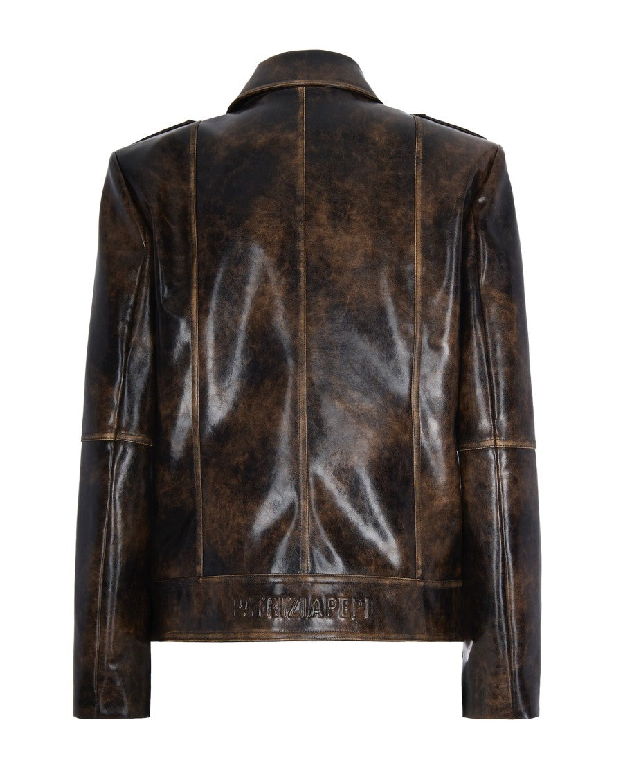 Patrizia Pepe Brown Oversized Coated Fabric Biker Jacket