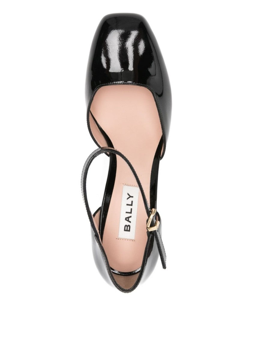 Bally Glossy Black Block Heeled Strap Pumps