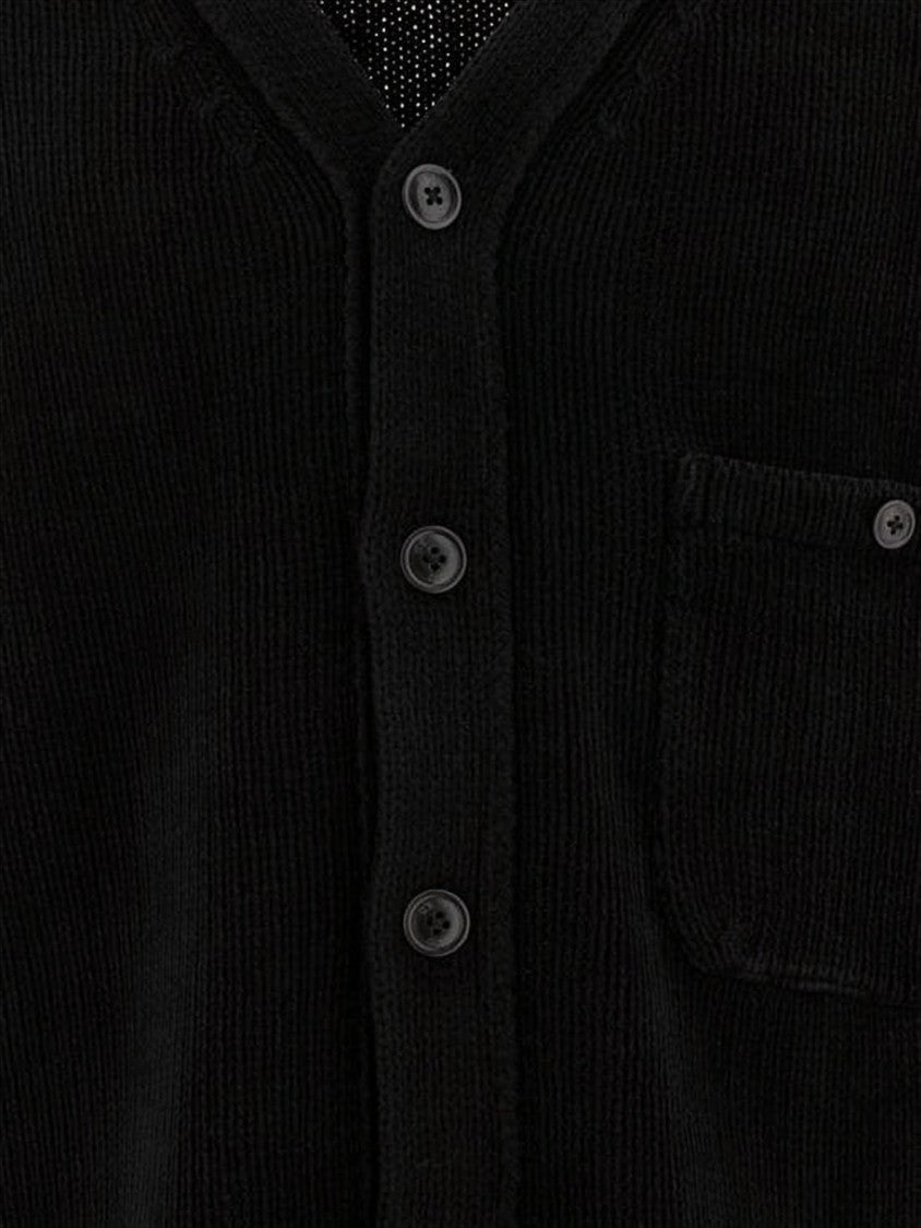 C.P. Company Black Knitted Cardigan With V-Neckline And Distinctive Logo Patch