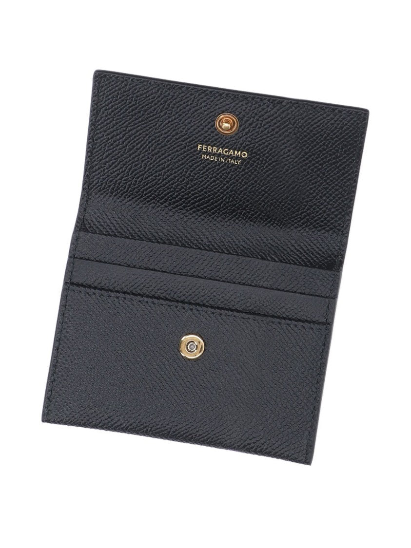 Ferragamo Textured Black Leather Cardholder With Gold Emblem