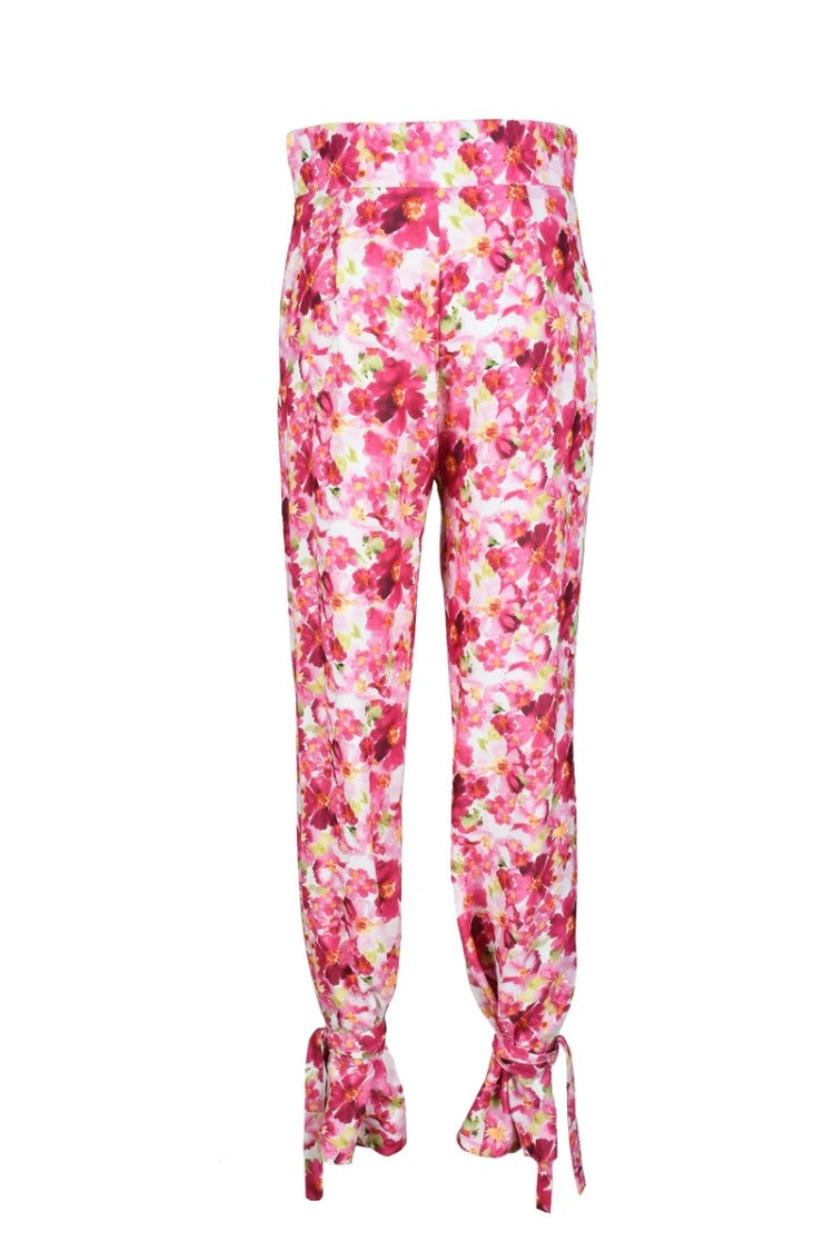 Feminista High Waist Trousers With Floral Pattern And Tied Ankle Detail