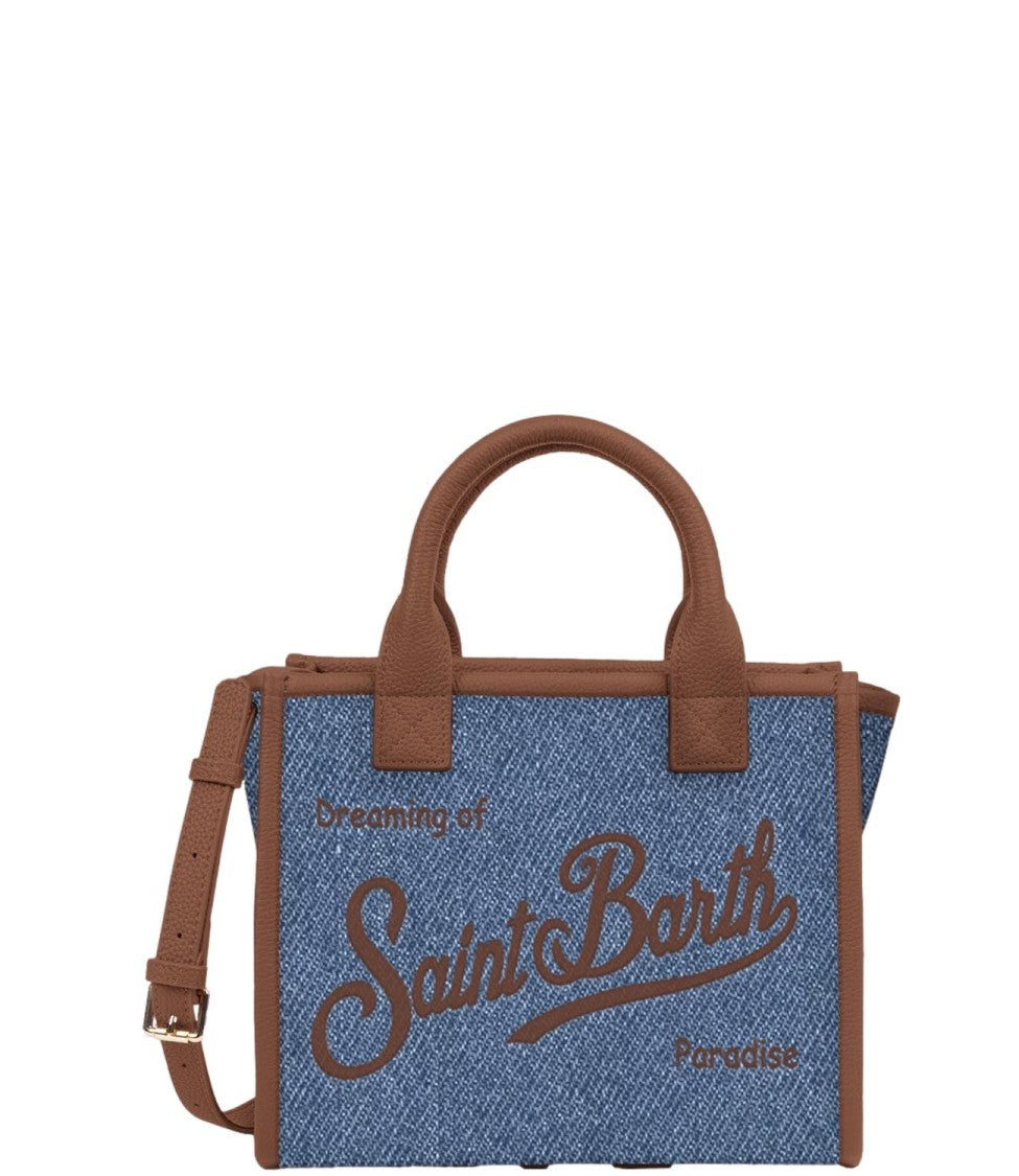 Mc2 Saint Barth Textured Blue Tote Bag With Brown Leather Trim