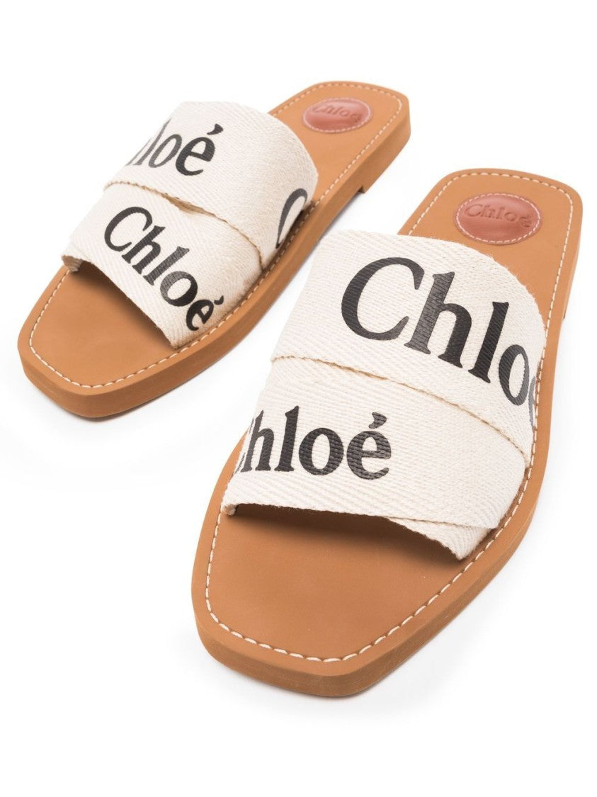 Chloé Open Toe Woody Sandals With Logo-Print Strap