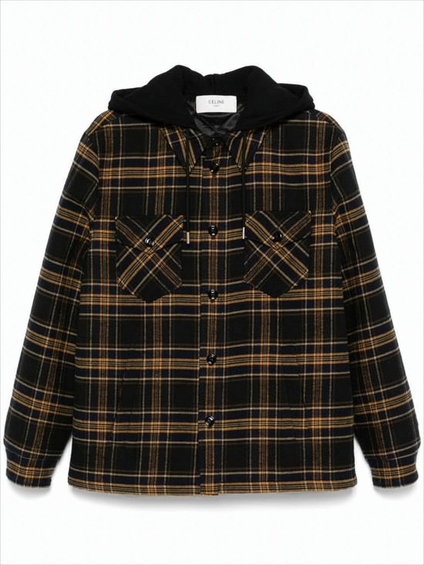 Celine Hooded Plaid Casual Jacket With Button Detail