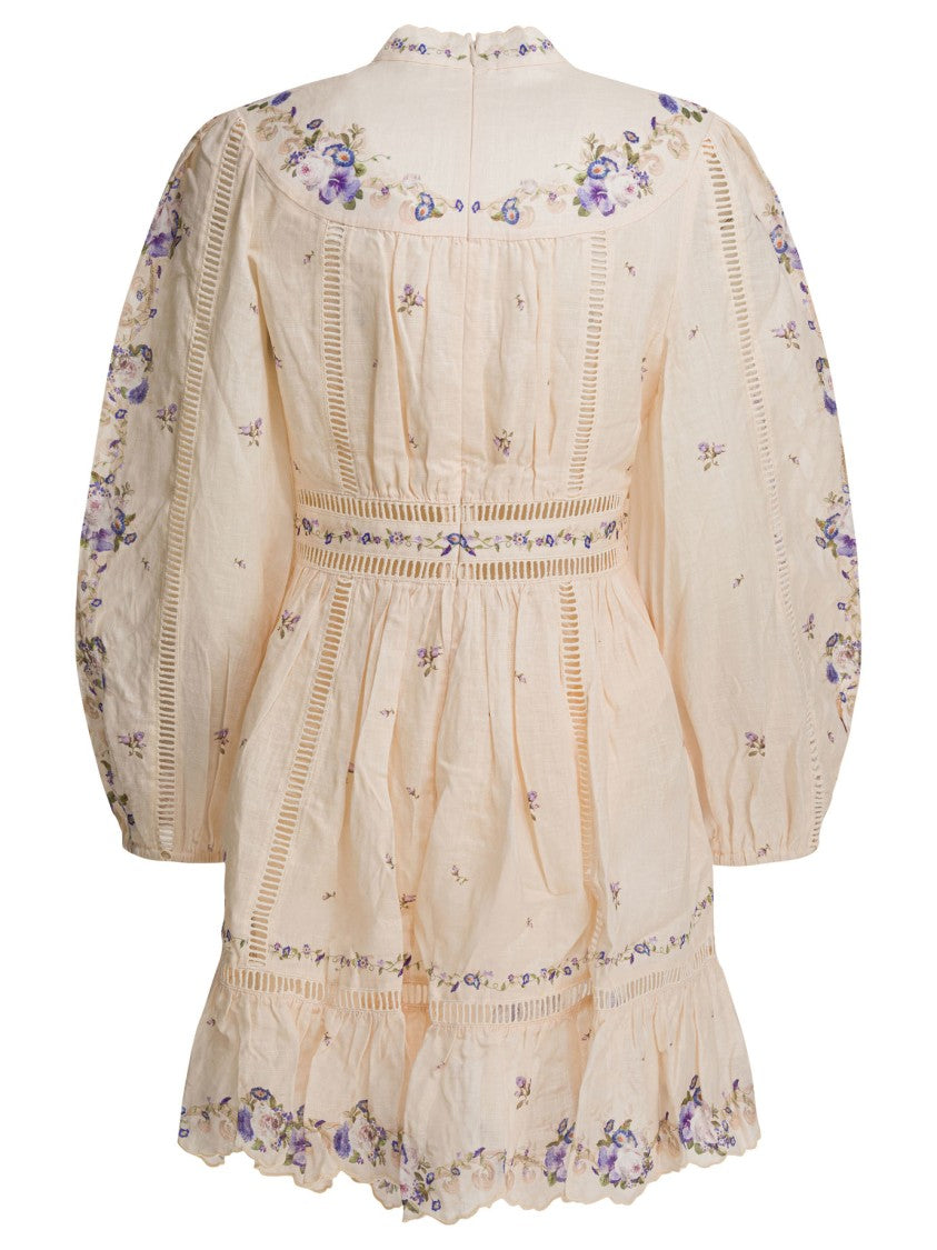 Zimmermann Flared Silk-Lightweight Dress With Floral Embroidery