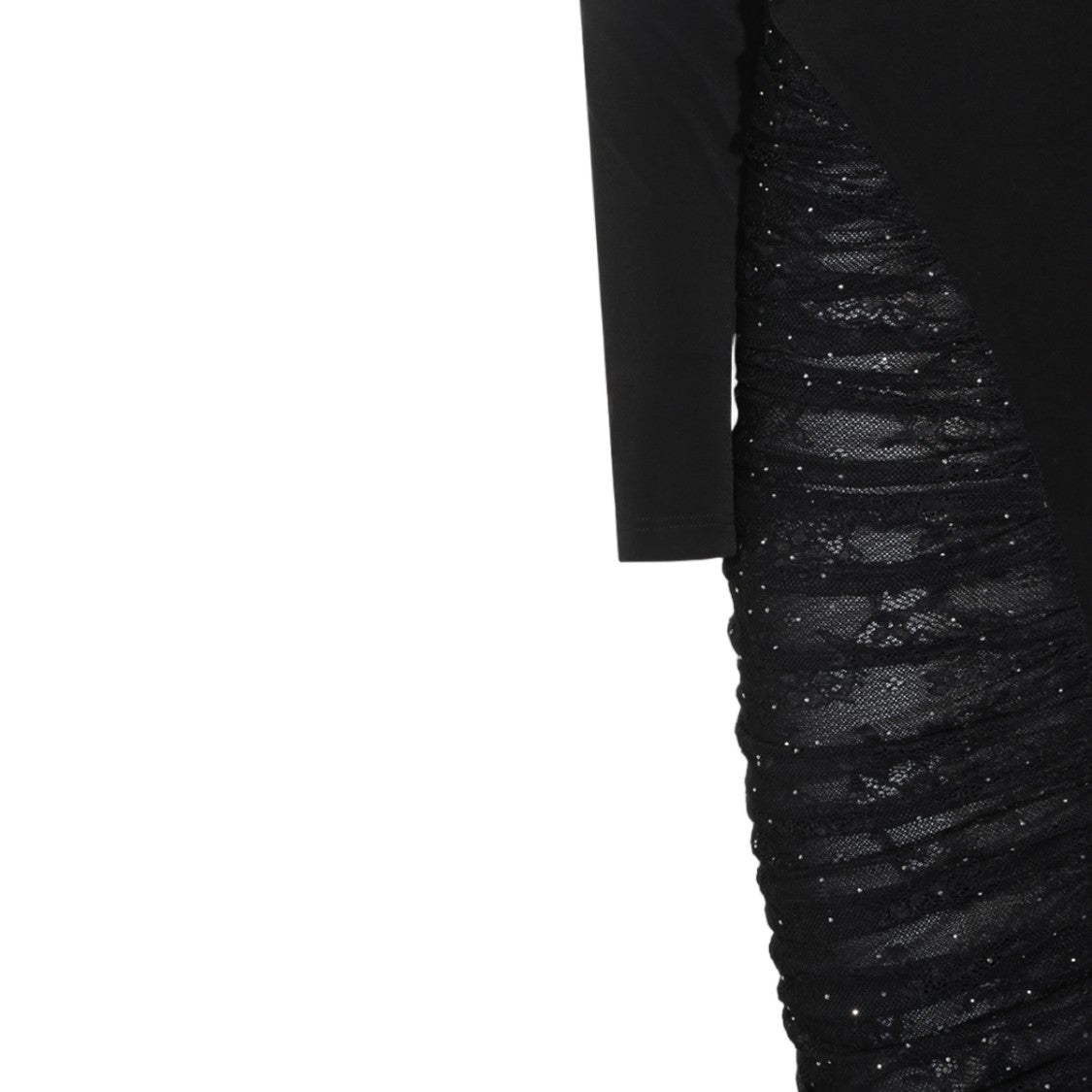 Nissa High-Neck Ruched Lace Panel Midi Dress