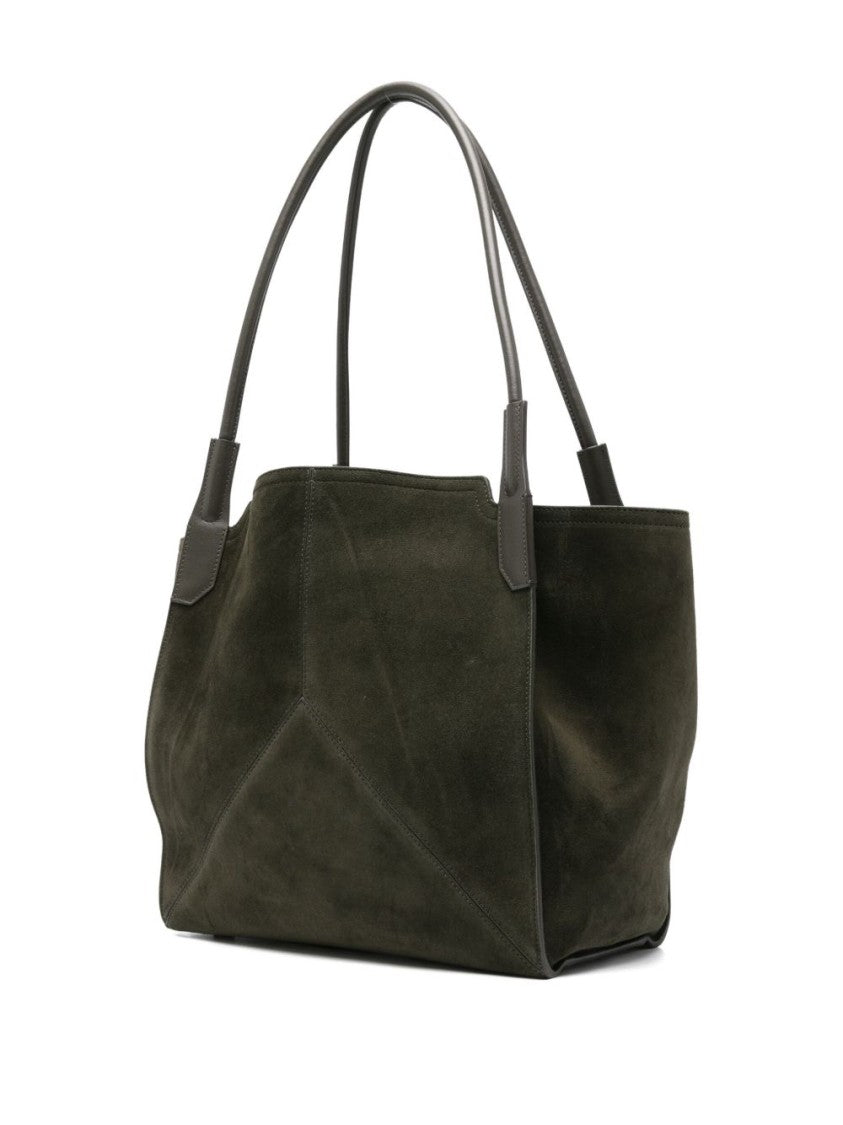 Victoria Beckham Structured Green Suede Tote With Gold Embossed Logo