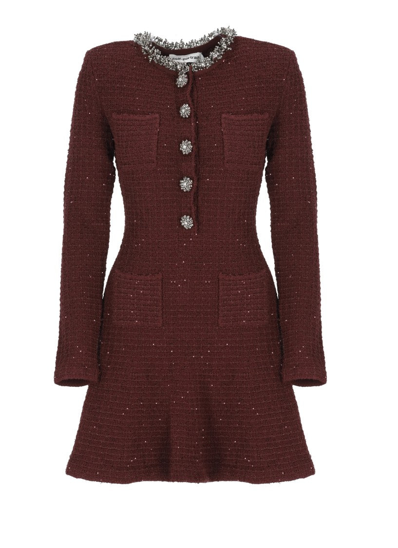 Self-Portrait Bordeaux Sequins Jewel Button Knit Mini Dress