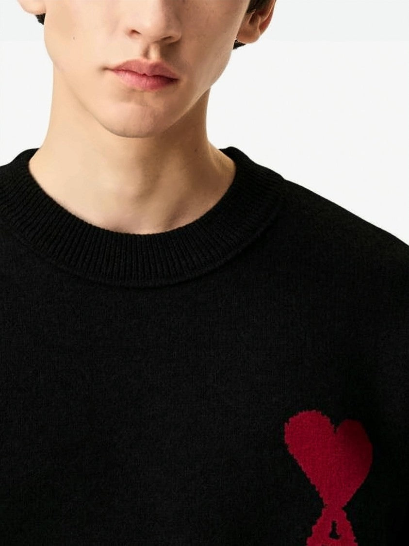Ami Paris Crew Neck Knitwear Sweater With Bold Heart Emblem