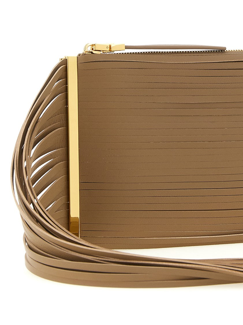 Elisabetta Franchi Rectangular Leather Clutch With Cascading Fringes And Gold-Tone Accents