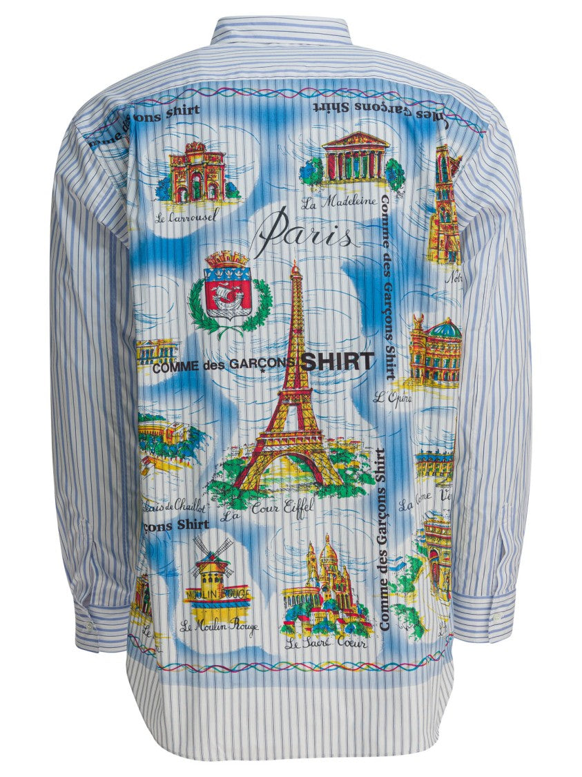Comme Des Garçons Light Blue Striped Shirt With Paris Landmark Print