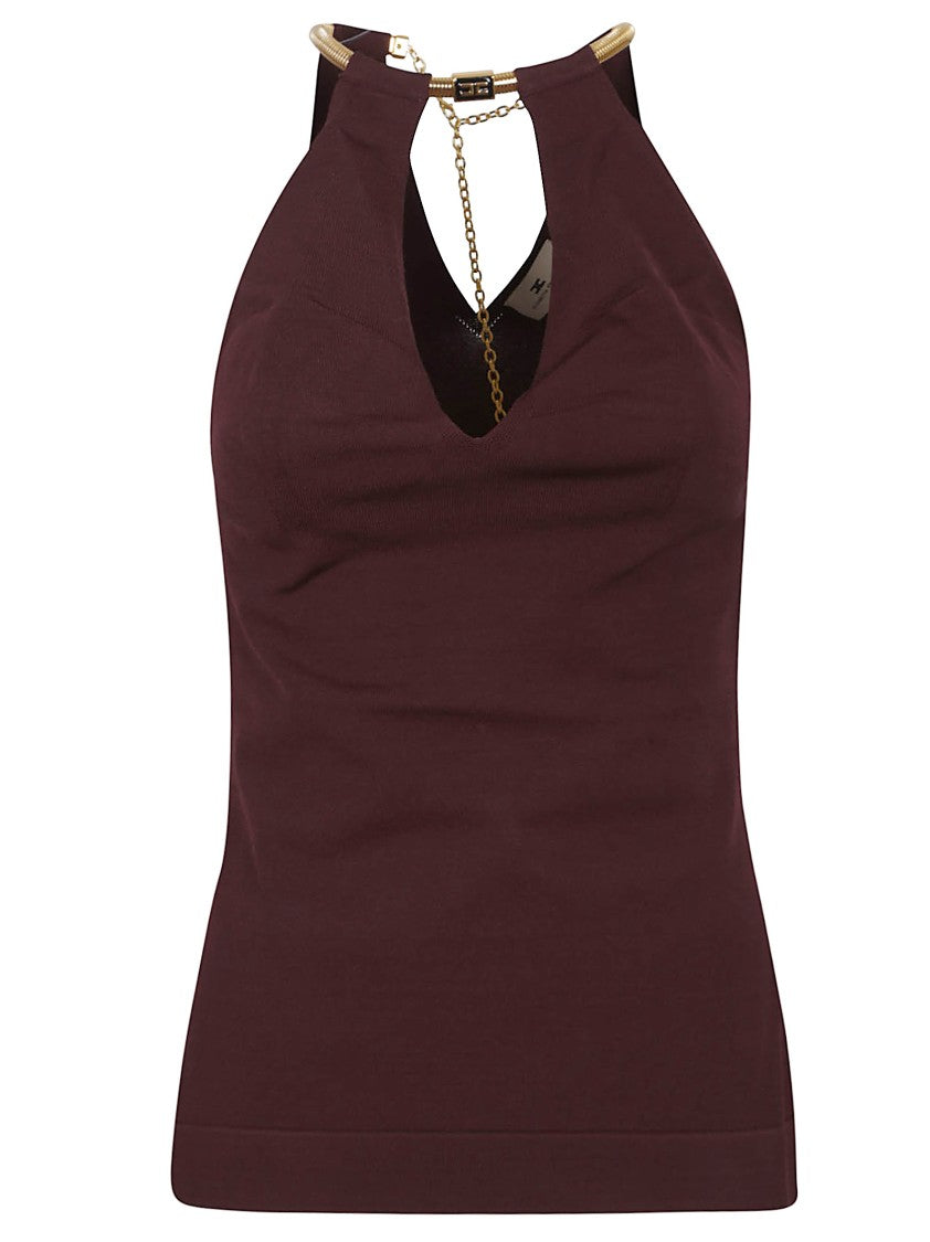 Elisabetta Franchi Fitted Knit Top With Deep Halterneck And Removable Snakeskin Necklace